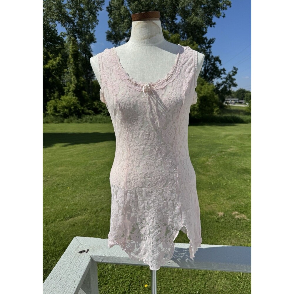 Vintage St. Eve Pink Floral Lace Sheer Slip Dress Coquette Cottage Fairy Large